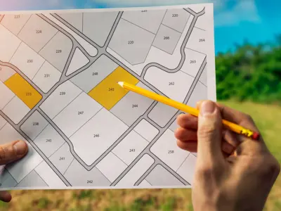 A person pointing with a pencil at a property on a map