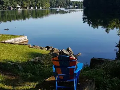 A Muskoka Chair on the grass beside a lake